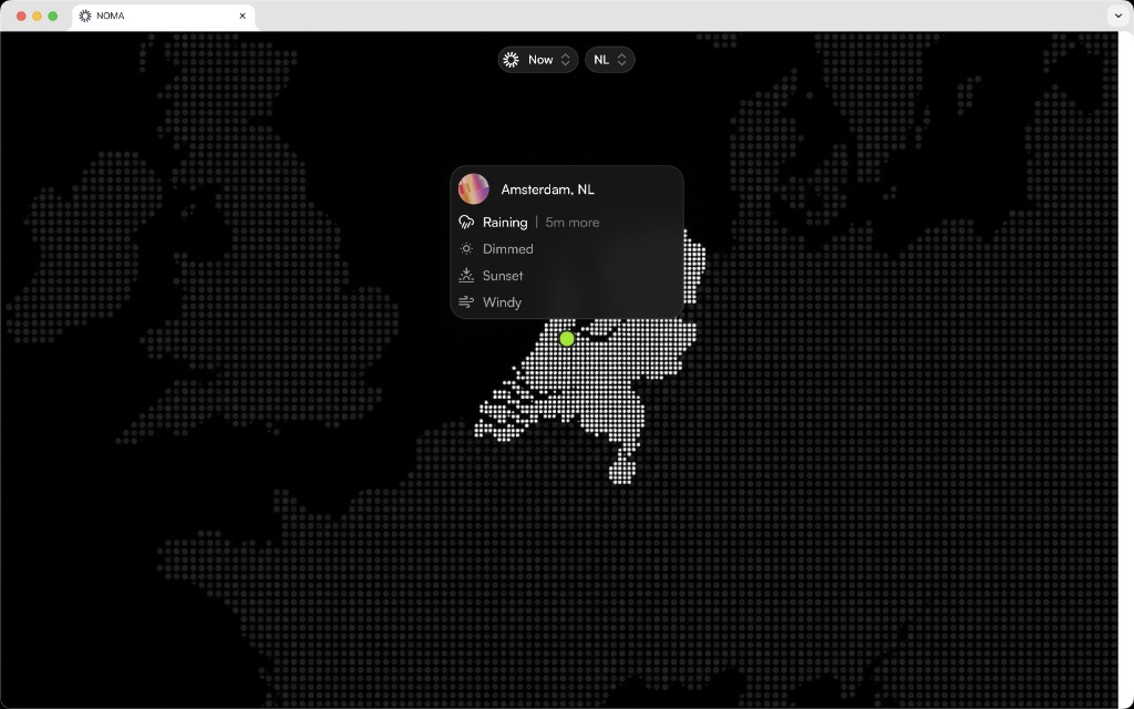 NOMA app showing weather conditions for Amsterdam, Netherlands